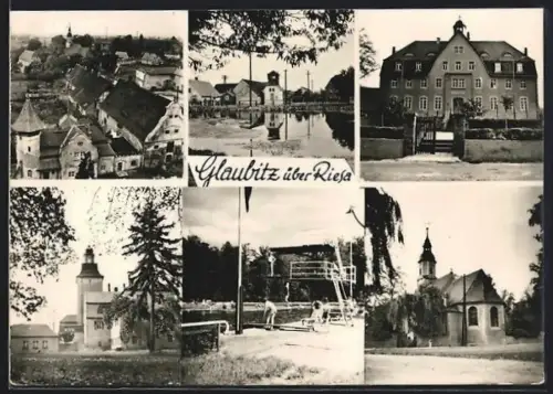 AK Glaubitz über Riesa, Ortsansichten, Kirche, Schloss, Schule