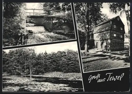 AK Tewel /Lüneburger Heide, Brücke, Fachwerkhaus, Teich mit Seerosen