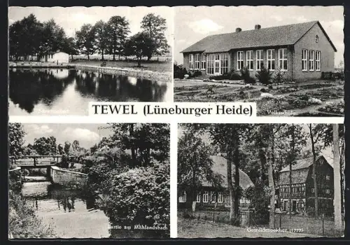AK Tewel /Lüneburger Heide, Schwanenteich, Volksschule, Partie am Mühlbach, Gerätespeicher