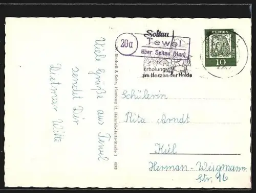 AK Tewel /Lüneburger Heide, Schwanenteich, Volksschule, Partie am Mühlbach, Gerätespeicher