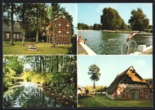 AK Tewel /Lüneburger Heide, Fachwerkhaus, Freibad, Bauernhaus, Bachlauf