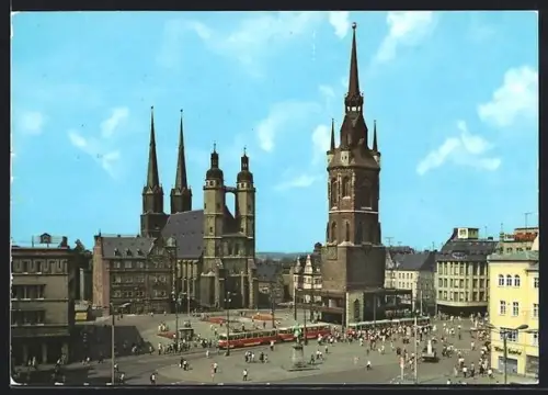 AK Halle /Saale, Marktplatz, Roter Turm, Marktkirche, Strassenbahn