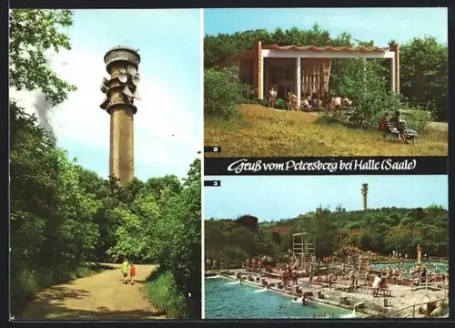 AK Petersberg bei Halle, Richtfunkturm, Berggaststätte, Freibad