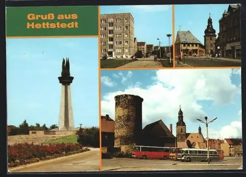 AK Hettstedt / Südharz, Flamme der Freundschaft, Siedlung, Saigertor, Am Busbahnhof