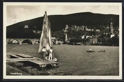 AK Heidelberg, Neckar, Alte Brücke, Schloss, Segelboot