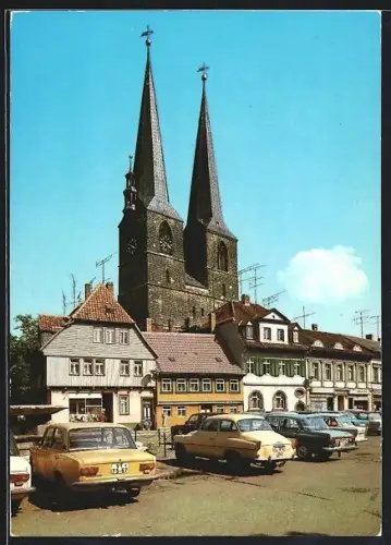 AK Quedlinburg, Blick vom Mathildenbrunnen zur Nikolaikirche