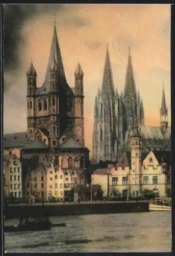 AK Köln, Blick zum Dom, Rheinpartie