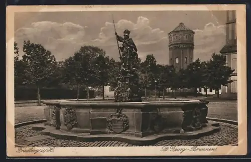 AK Friedberg ü. H., St. Georg-Brunnen mit Wasserturm