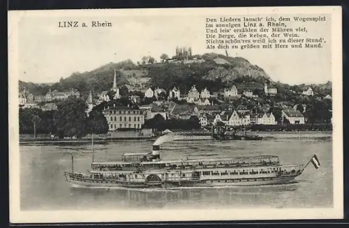 AK Linz am Rhein, Dampfer und Liedtext, Totalansicht