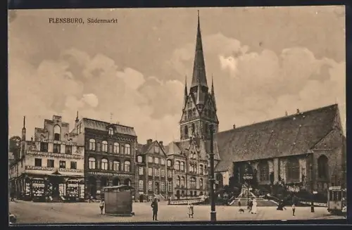 AK Flensburg, Südermarkt mit Passanten