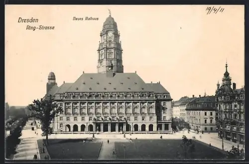 AK Dresden, Neues Rathaus mit Kreuzstrasse