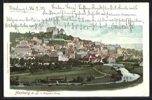Lithographie Marburg a.L., Stadtansicht vom Kappler Berg aus
