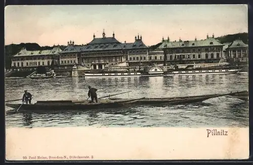 AK Dresden-Pillnitz, Elbpartie mit Kähnen und Schloss