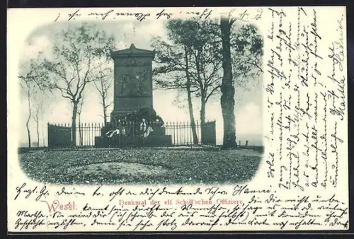 AK Wesel / Rhein, Denkmal der elf Schill`schen Offiziere, Rückseite mit Wachgebäude der neuen Artellerie-Kaserne