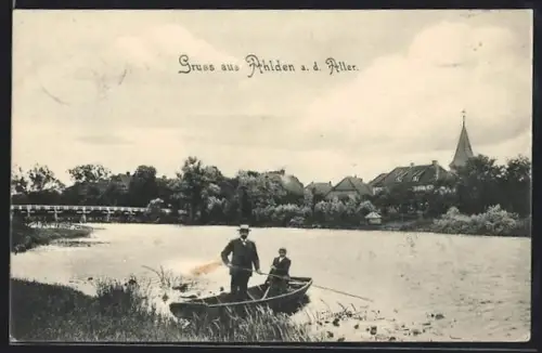 AK Ahlden a. d. Aller, Uferpartie mit Ruderboot nebst zwei Herren