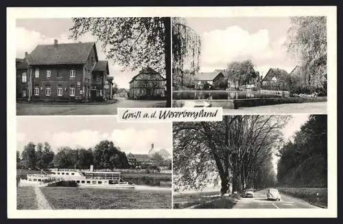AK Grohnde /Weserbergland, Gasthaus Weisses Ross, Schiff auf der Weser, VW Käfer