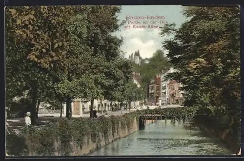 AK Baden-Baden, Partie an der Oos mit Kaiser-Allee