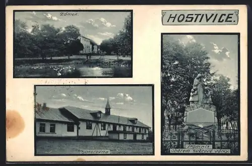 AK Hostivice, Zámek, Sokolovna, Pomník obetem svetové války