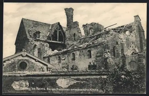 AK Cernay les Reims, Die von Franzosen zerschossene Kirche