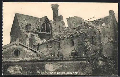 AK Cernay-les-Reims, Die von Franzosen zerschossene Kirche