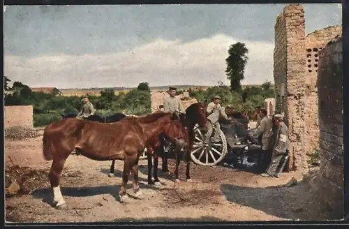AK Pioniere und Pferde beim Wasserfassen