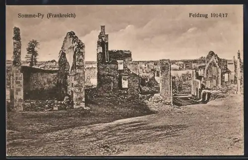 AK Somme-Py, Vue partielle de la ville détruite