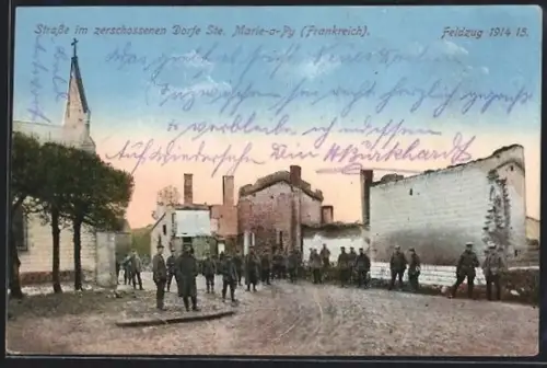 AK Ste. Marie-a-Py, deutsche Soldaten im zerschossenen Dorf