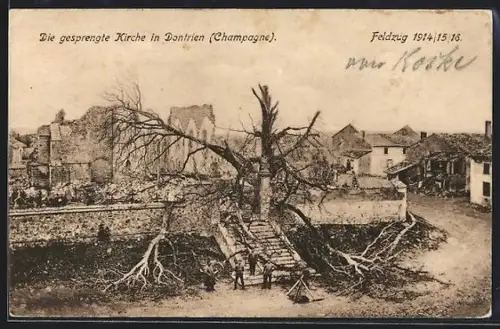 AK Dontrien /Champagne, Die gesprengte Kirche