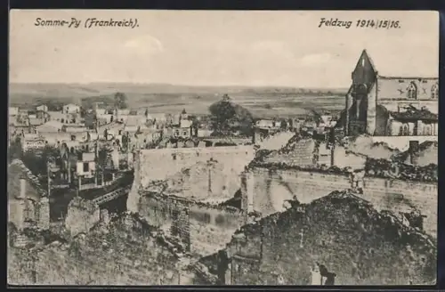 AK Somme-Py, Panorama de la ville détruite