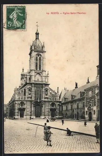 AK Reims, Église Saint-Maurice et place animée