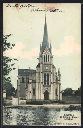 AK Gueux, L`Église et le plan d`eau devant l`édifice