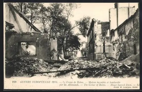 AK Reims, Maisons incendiées et bombardées par les Allemands en 1914