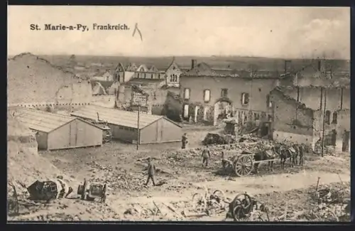 AK Saint-Marie-à-Py, Vue des ruines et des bâtiments temporaires après la destruction