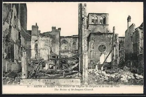 AK Reims, Les Ruines de l`Église St-Jacques et la rue de Vesle