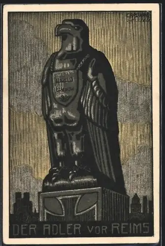 AK Reims, Sculpture de l`aigle devant la ville