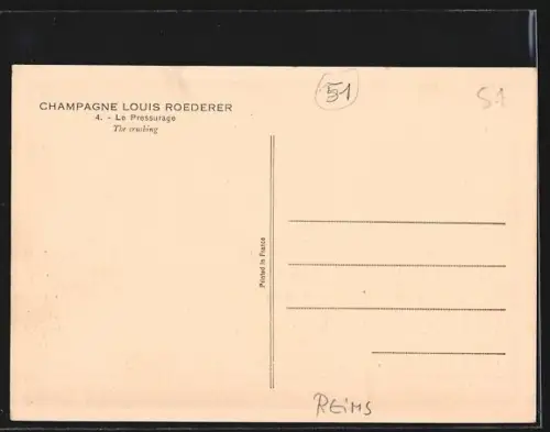 AK Reims, Champagne Louis Roederer, Le Pressurage dans la cave