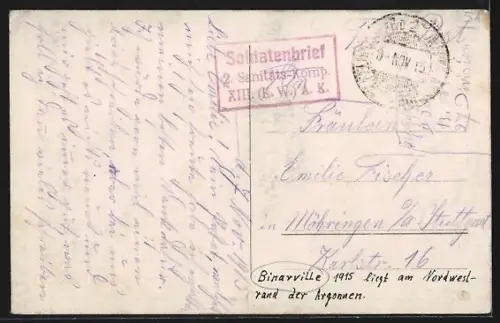 AK Binarville, Vue de la rue principale avec bâtiments endommagés et clocher à l`arrière-plan