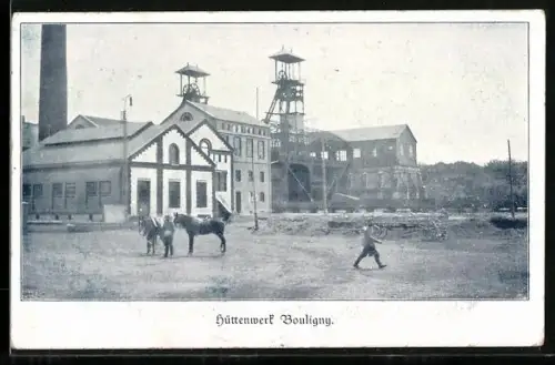 AK Bouligny, Hüttenwerk avec chevaux et bâtiment industriel