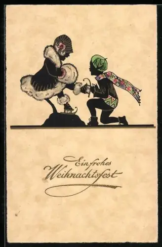 Künstler-AK Zwei Schlittschuhfahrer helfen einander beim Anziehen der Schuhe, Weihnachtsgrüsse