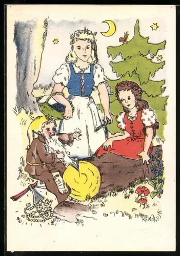 Künstler-AK Schneeweisschen und Rosenrot helfen einem Zwerg