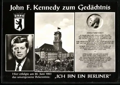 AK Berlin, Präsident John F. Kennedy, Gedächtniskarte zum Ich bin ein Berliner-Ausspruch 1963