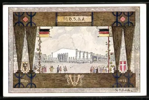 Künstler-AK Wien, Sängerhalle, Festkarte des 10. Deutschen Sängerbundesfestes 1928