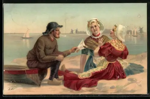 Künstler-AK Fischer im Gespräch mit zwei jungen Damen