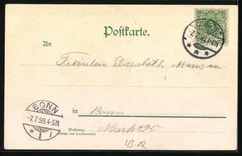 Künstler-AK Wanderer verabschiedet sich tränenreich von einer Dame, [...] muss I denn zum Städtele hinaus.