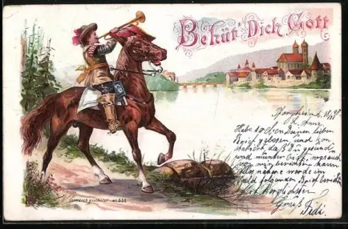 Lithographie Behüt Dich Gott!, Trompeter zu Pferd, Ortschaft im Hintergrund