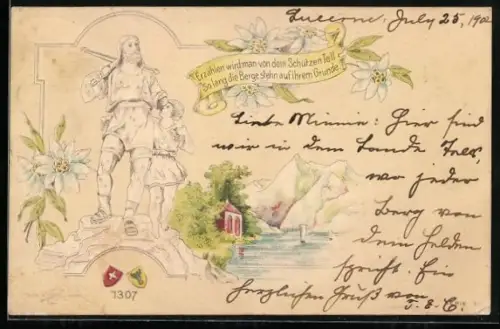 Präge-AK Schweizer Freiheitskämpfer Wilhelm Tell mit seinem Sohn 1307