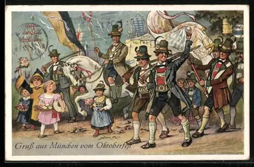 Künstler-AK München, 18. Deutsches-Bundesschiessen 1927, Schütze mit Fahne zu Pferde