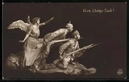 AK Engel beschützt deutschen und österreichischen Soldaten, vermenschlichte Skulptur