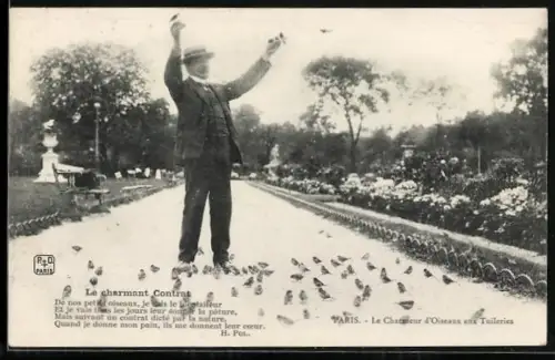 AK Paris, Le Charmeur d`Oiseaux aux Tuileries, Le charmant Contrat
