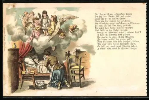 Lithographie Bei ihrem schwer erkrankten Kinde da sitzt die Mutter still und weint..., Engel